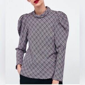 Zara| Women’s Plaid Puff Long Sleeve Top- Size S
